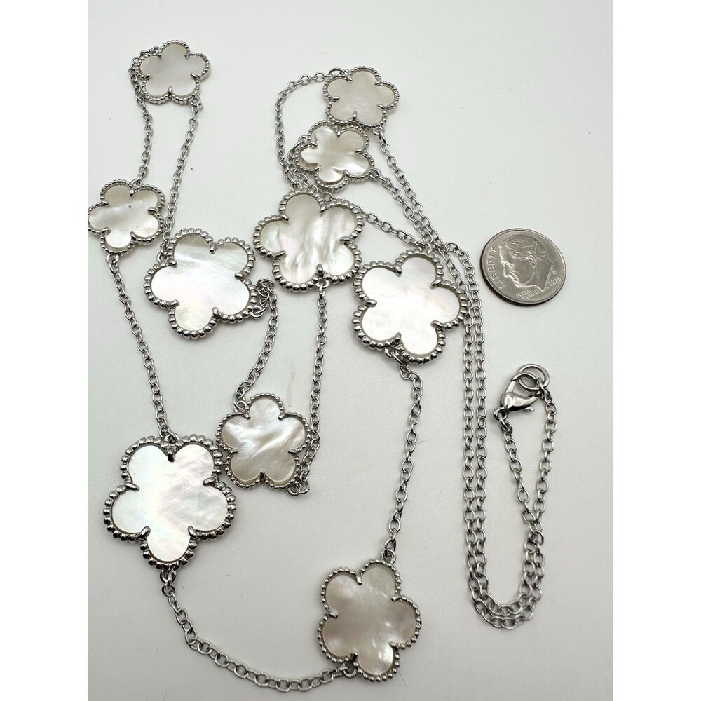 Silver Tone Mother Of Pearl Flower Station Necklace 36”